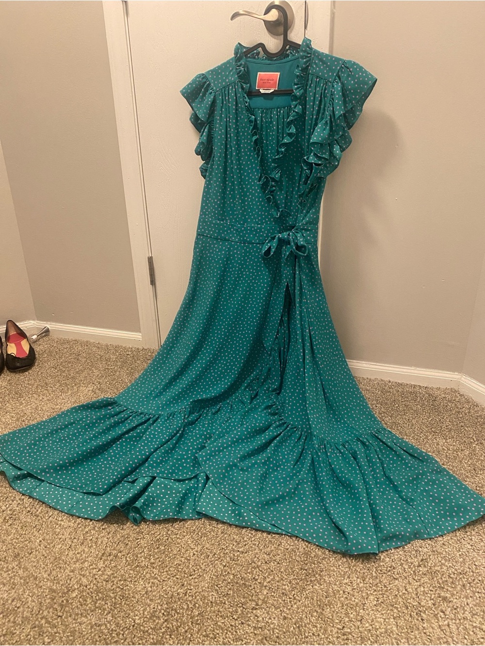 kate spade teal dotted ruffle wrap high-low dress